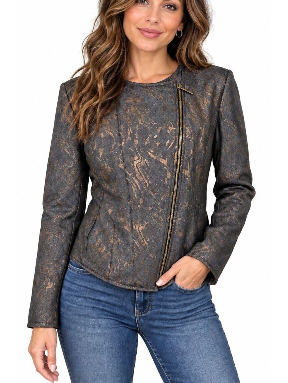 Kenneth Cole New York 1820554 Women's M Y2K Abstract Moto Jacket Stretch